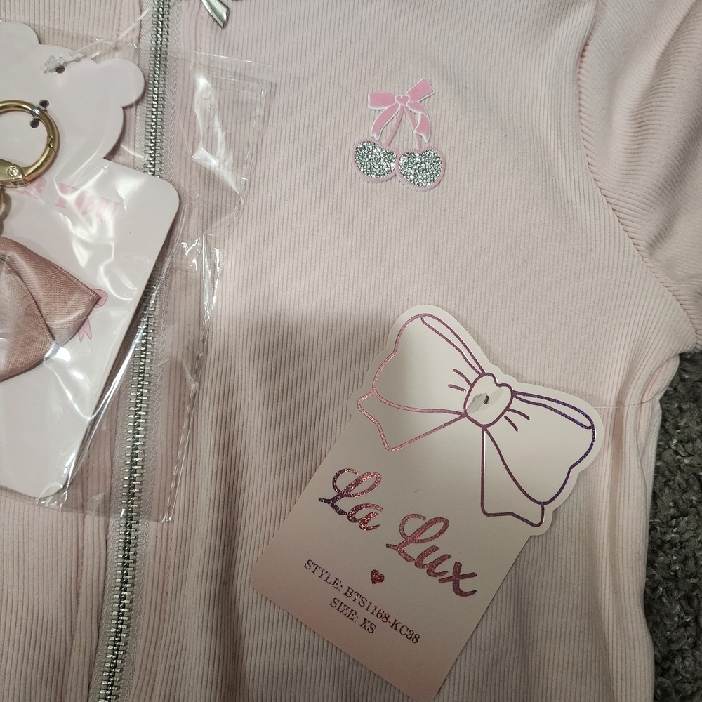 Lux Light Pink Hooded Zip Sweatshirt with Bow Keychain - Picture 5 of 7